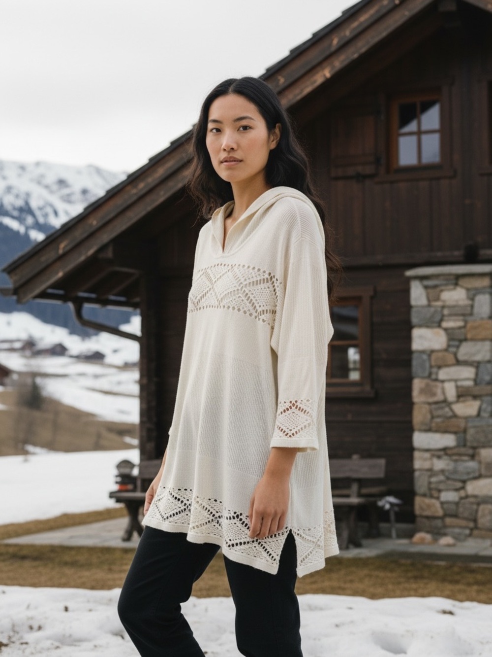 PortoCruz Women’s Cream Hooded Crochet Tunic Top